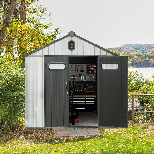 Domi 8x8 FT Outdoor Resin Storage Shed, All-Weather Double-Wall Storage Building for Backyard, Garden, Lawn Tools, Mower, Bike & Pool Equipment, Lockable Doors, Ventilated Roof, Grey