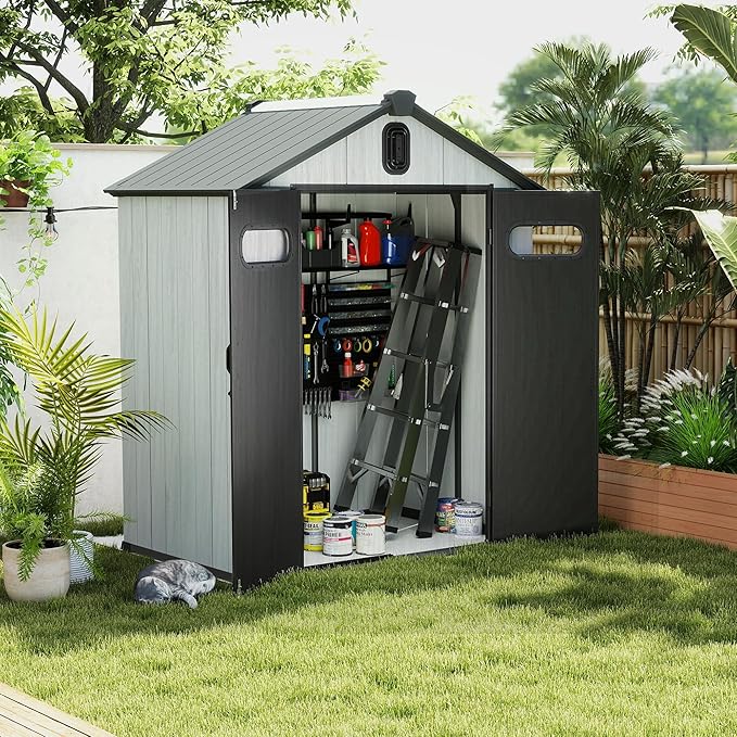 Domi 6x4FT Outdoor Resin Storage Shed with Transparent Windows & Louvered Vents, Plastic Tool Shed with Double Lockable Doors & Gable Roof, Outside Garden Shed for Backyard, Patio, Lawn, Grey