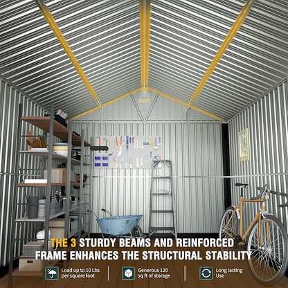 10x12 Ft Outdoor Storage Shed, Extra Large Metal Shed with Frame Floor, Lockable Doors, 2 Windows, Outside Steel Tiny House Ideal for Garden, Backyard, Patio Utility, Tool Storage