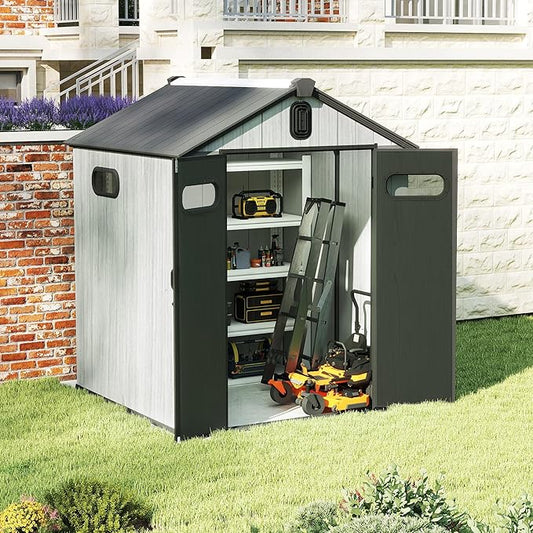 Domi 6x6FT Outdoor Resin Storage Shed with Transparent Windows & Louvered Vents, Plastic Tool Shed with Double Lockable Doors & Gable Roof, Outside Garden Shed for Backyard, Patio, Lawn, Grey