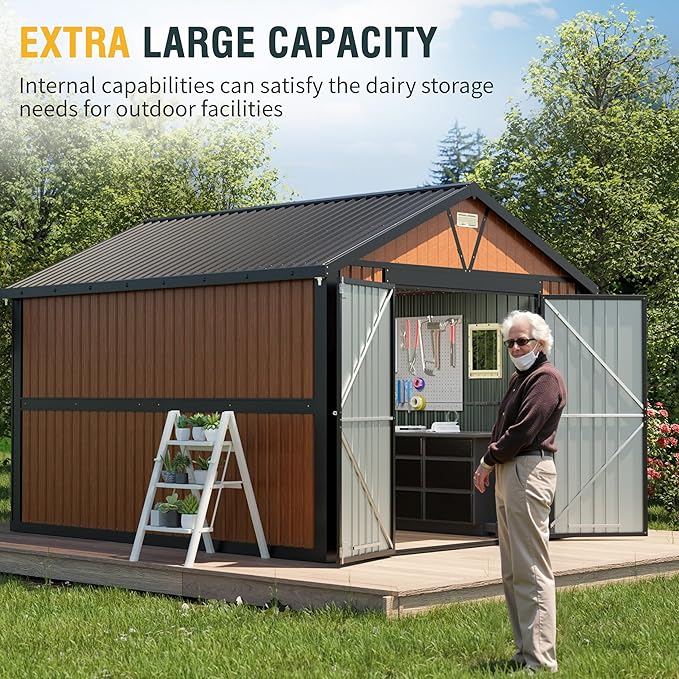 10x12 Ft Outdoor Storage Shed, Extra Large Metal Shed with Frame Floor, Lockable Doors, 2 Windows, Outside Steel Tiny House Ideal for Garden, Backyard, Patio Utility, Tool Storage
