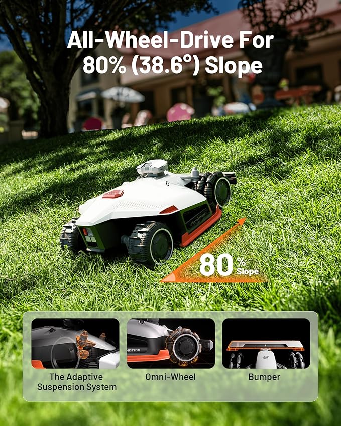 LUBA 2 AWD 3000X Robot Lawn Mower with 4G, Reception 0.75 Acre, Max. 0.89 Acre, All-Wheel-Drive for 80% Slope, UltraSense AI Vision & RTK Automatic Edge Mapping, 1.0"-2.7" Cutting Height
