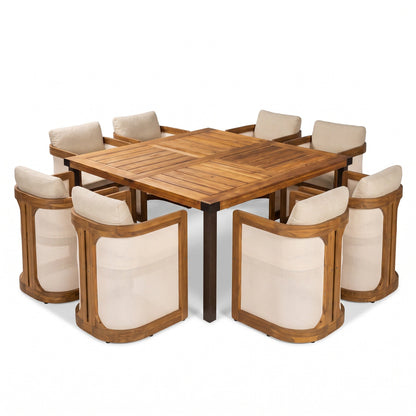 9-Piece Outdoor Patio Dining Set, 64" Square Acacia Wood Table with 8 Armchairs, Teak