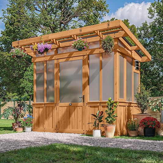 Backyard Discovery Poppy 9' x 6' Cedar Wood and Polycarbonate Walk-in Greenhouse Kit with Exhaust Fan, Windows, Hose Hook-Ups, PowerPort, Staging Shelves, Plant Hooks for Year-Round Outdoor Gardening