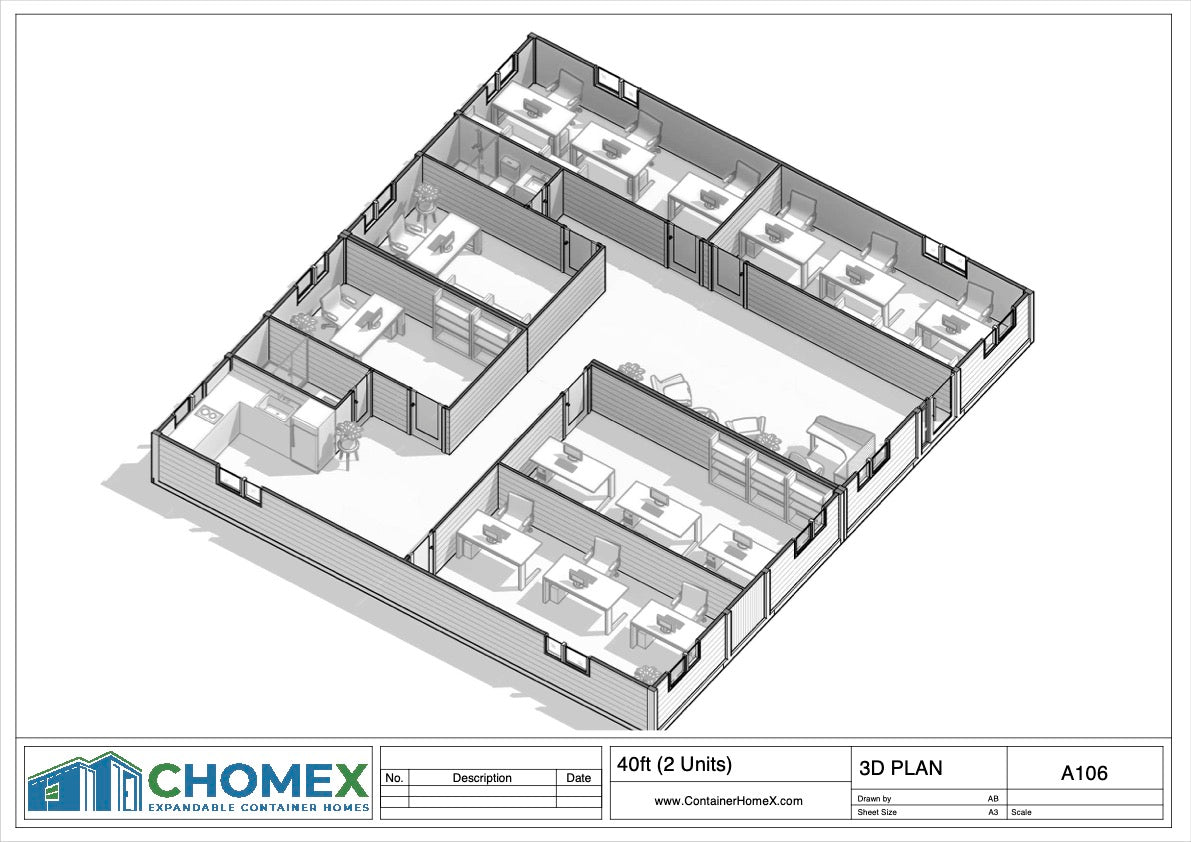 40' Double Expandable Modular Office Complex | 6 Private Offices, Reception, Kitchen & 2 Bathrooms | 1550 SF