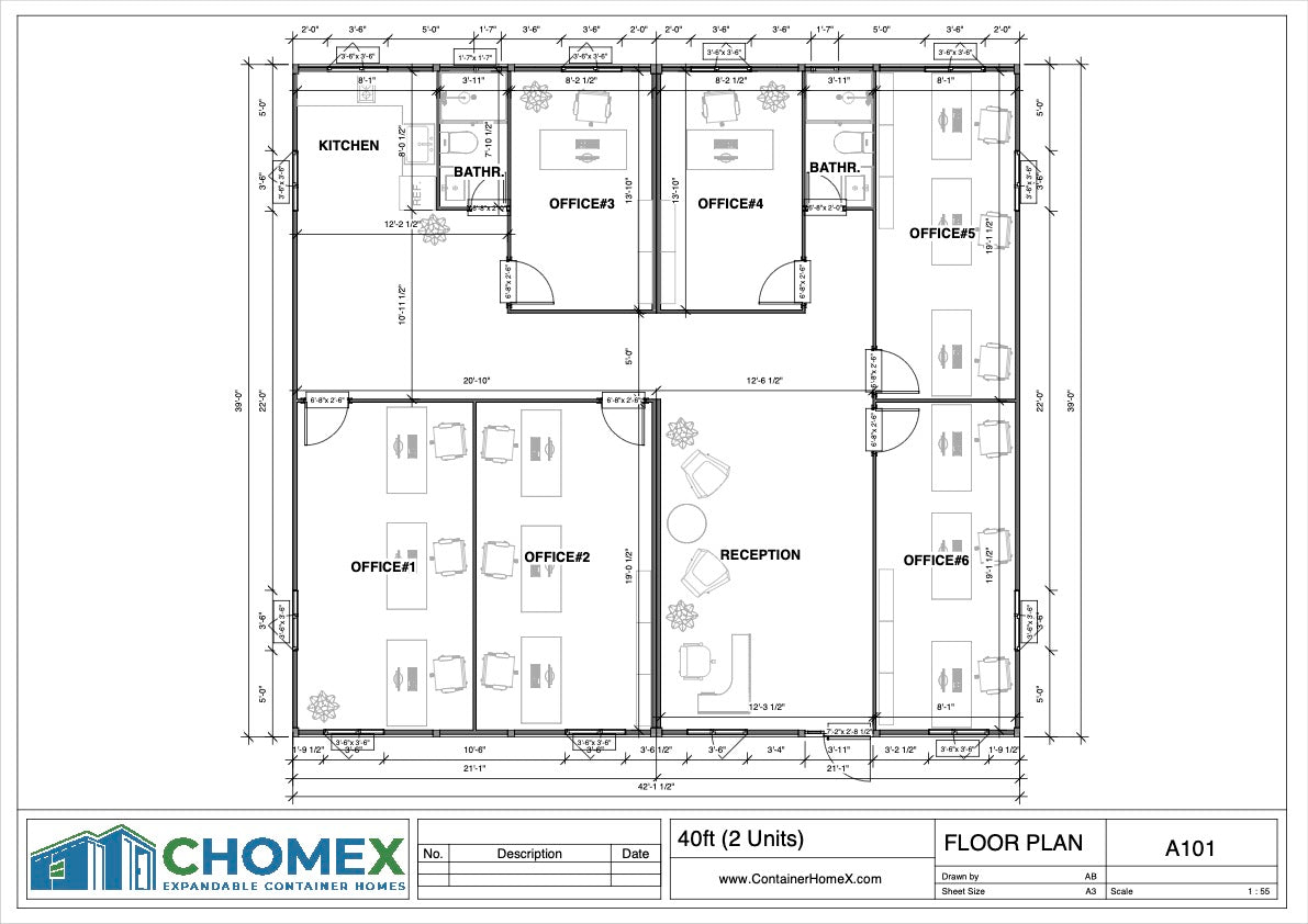 40' Double Expandable Modular Office Complex | 6 Private Offices, Reception, Kitchen & 2 Bathrooms | 1550 SF