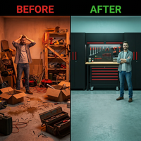 Garage Storage Cabinets System, 8-Pcs Workshop Cabinet Set in Black, Included Steel Cabinets Drawers Rolling Chest and Pegboard,Locked Garage Storage Cabinet — Before & After