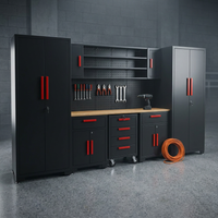 Garage Storage Cabinets System, 8-Pcs Workshop Cabinet Set in Black, Included Steel Cabinets Drawers Rolling Chest and Pegboard,Locked Garage Storage Cabinet — Studio Shot