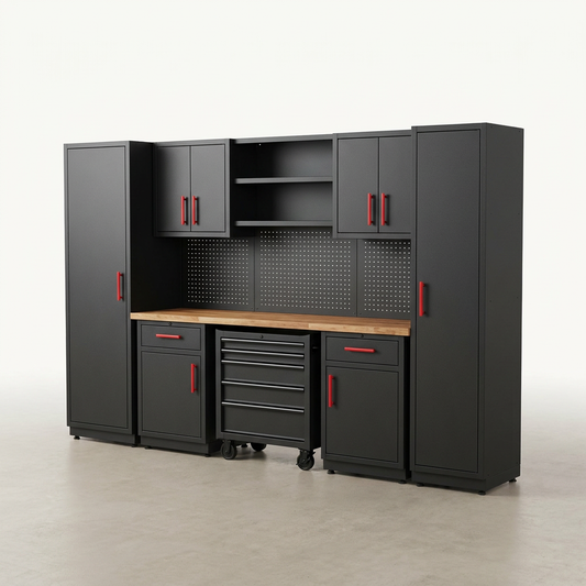 Garage Storage Cabinets System, 8-Pcs Workshop Cabinet Set in Black, Included Steel Cabinets Drawers Rolling Chest and Pegboard,Locked Garage Storage Cabinet — Studio Shot