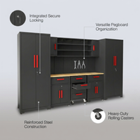 Garage Storage Cabinets System, 8-Pcs Workshop Cabinet Set in Black, Included Steel Cabinets Drawers Rolling Chest and Pegboard,Locked Garage Storage Cabinet — infographic