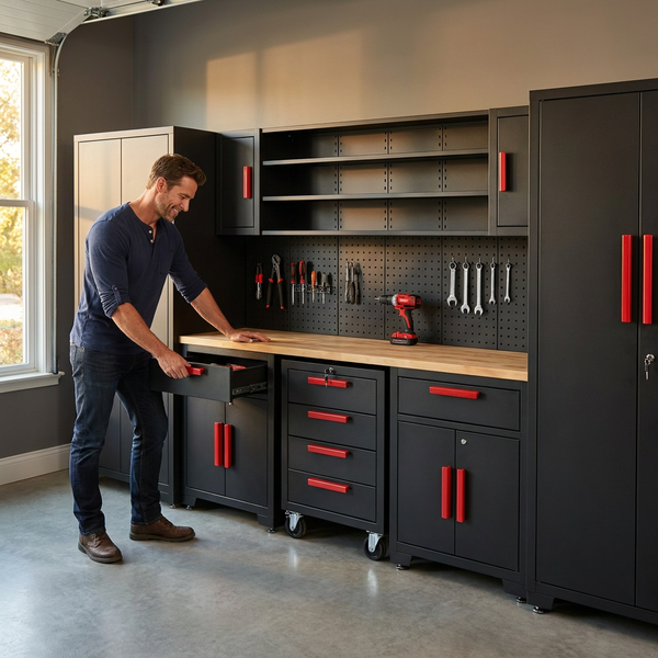 Garage Storage Cabinet System Designed for Workshop Organization, 8-Piece Set, Steel Construction, Rolling Chest