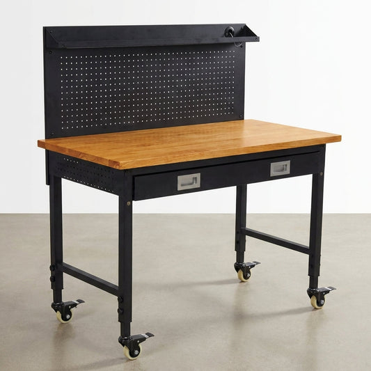 Heavy Duty 60 In. W X 22 In. D Black Steel Mobile Workbench with Rubberwood Top, Drawer and Pegboard, 10 Ft. Power Cord — Studio Shot