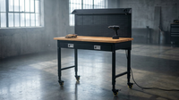 Heavy Duty 60 In. W X 22 In. D Black Steel Mobile Workbench with Rubberwood Top, Drawer and Pegboard, 10 Ft. Power Cord — Lifestyle