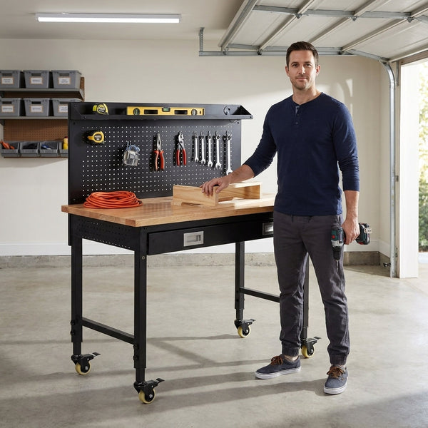 Mobile Workbench Built for Heavy Duty Projects, 2000 lb Capacity, Adjustable Height, Rubberwood Top, Power Outlets