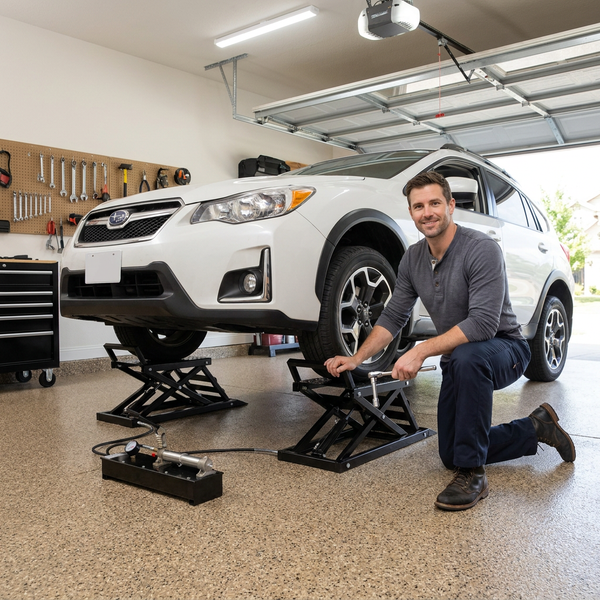 Hydraulic Car Lift Designed for Home Garage Use, 3000 Lb Capacity, Drive-Up Ramp, Steel Construction