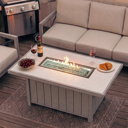 Marindo 8-Person Faux-Wood Aluminum Patio Outdoor Salon with Fire Pit Table