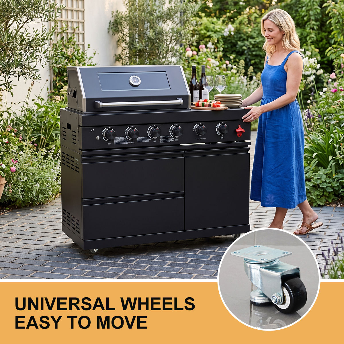 63" 6-Burner 85000 BTU Black Outdoor Kitchen Island Grill + Marble Countertops + Sink