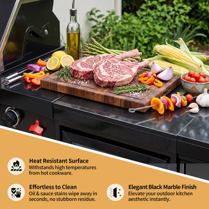 85" 4-Burner 72000 BTU Black Outdoor Kitchen Island Grill with Compact Refrigerator Marble Countertops Sink