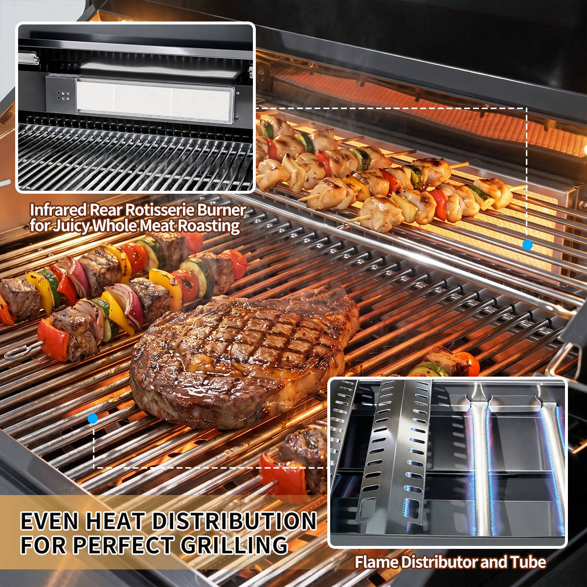 63" 6-Burner 85000 BTU Black Outdoor Kitchen Island Grill + Marble Countertops + Sink