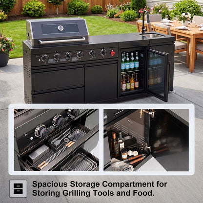 85" 4-Burner 72000 BTU Black Outdoor Kitchen Island Grill with Compact Refrigerator Marble Countertops Sink