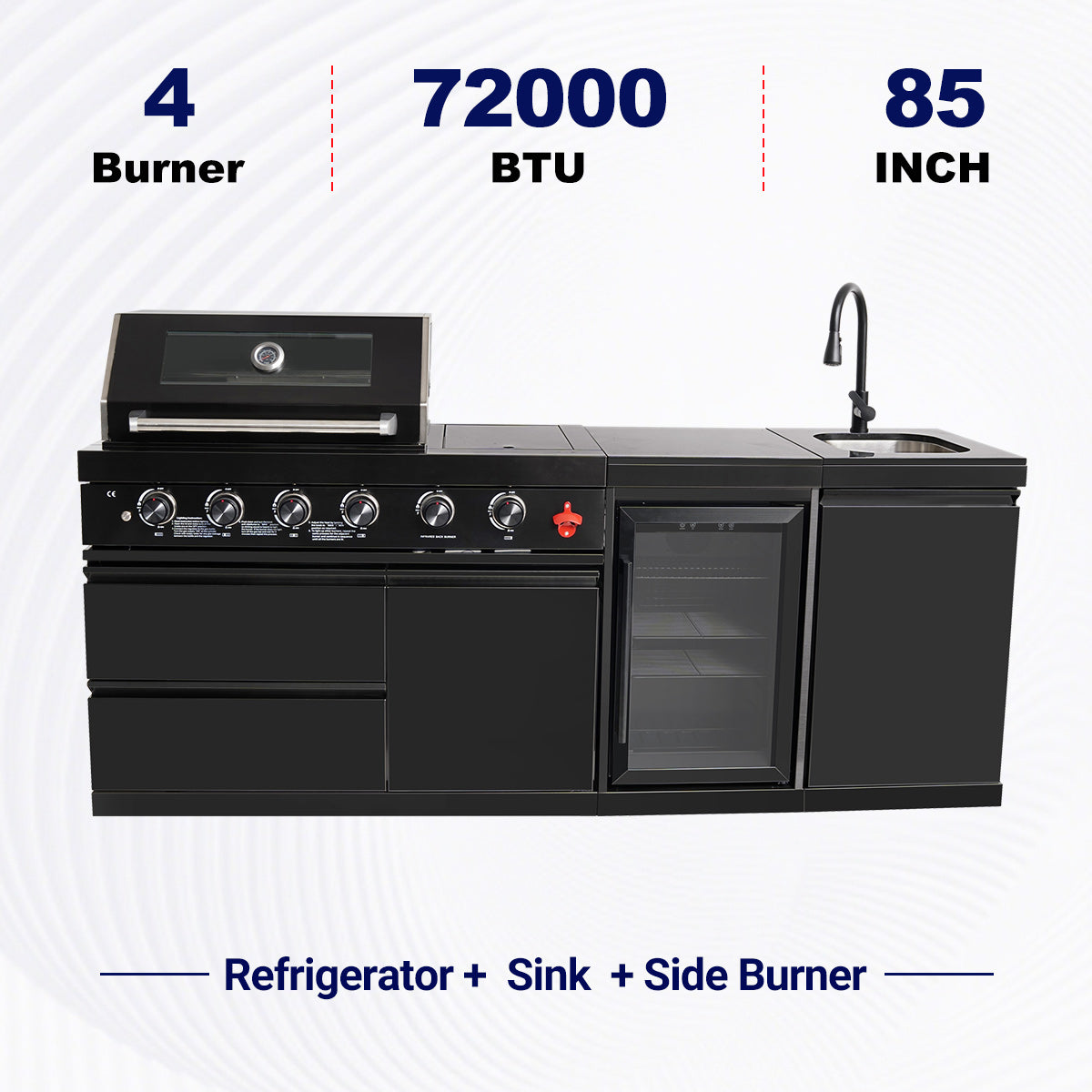 85" 4-Burner 72000 BTU Black Outdoor Kitchen Island Grill with Compact Refrigerator Marble Countertops Sink