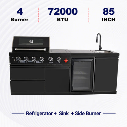 85" 4-Burner 72000 BTU Black Outdoor Kitchen Island Grill with Compact Refrigerator Marble Countertops Sink