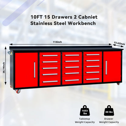 10ft 15-Drawer Storage Workbench with Wheels