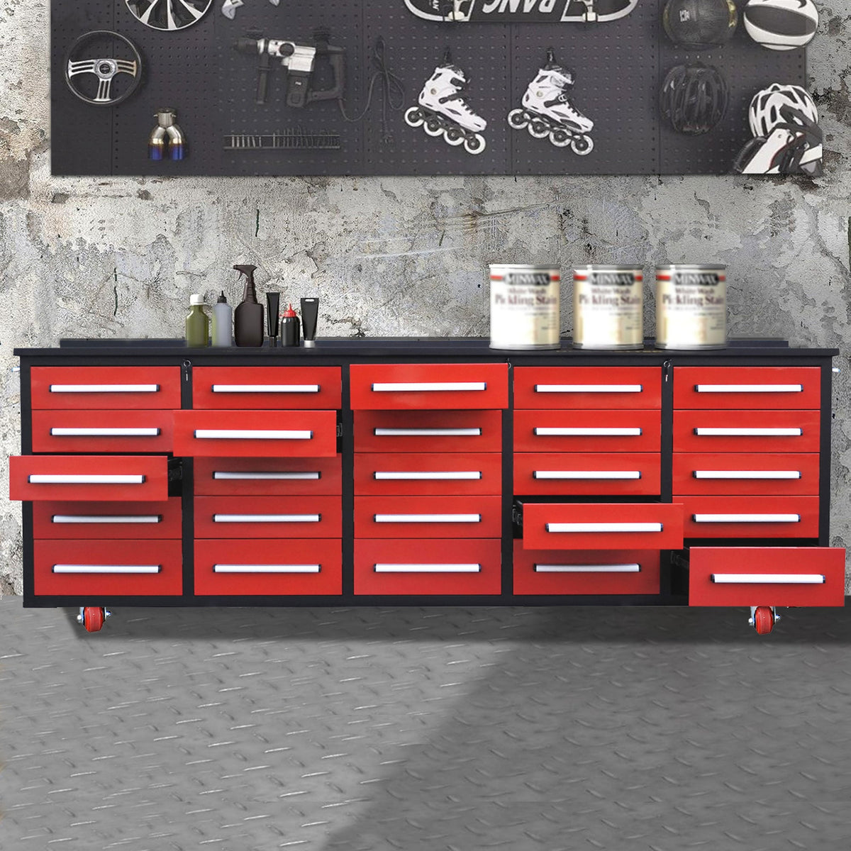 10ft 25-Drawer Storage Workbench with Wheels