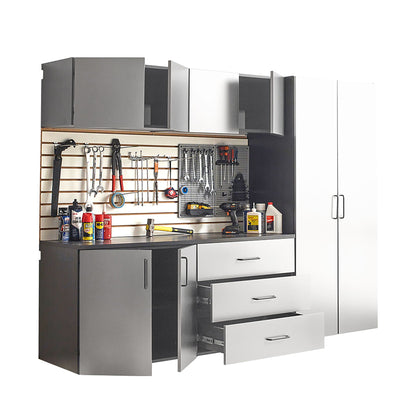 Metallic Gray Garage Cabinet Set with Soft Closing Drawers