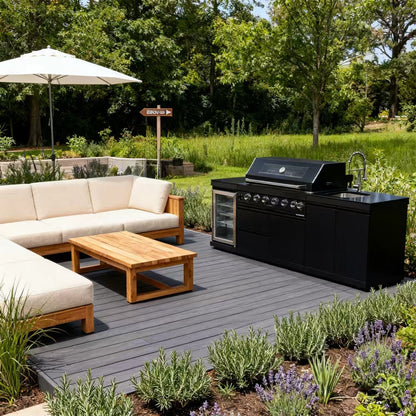 NG 95" 6-Burner 85000 BTU Black Outdoor Kitchen Island Grill Rotisserie kit Granite Countertops