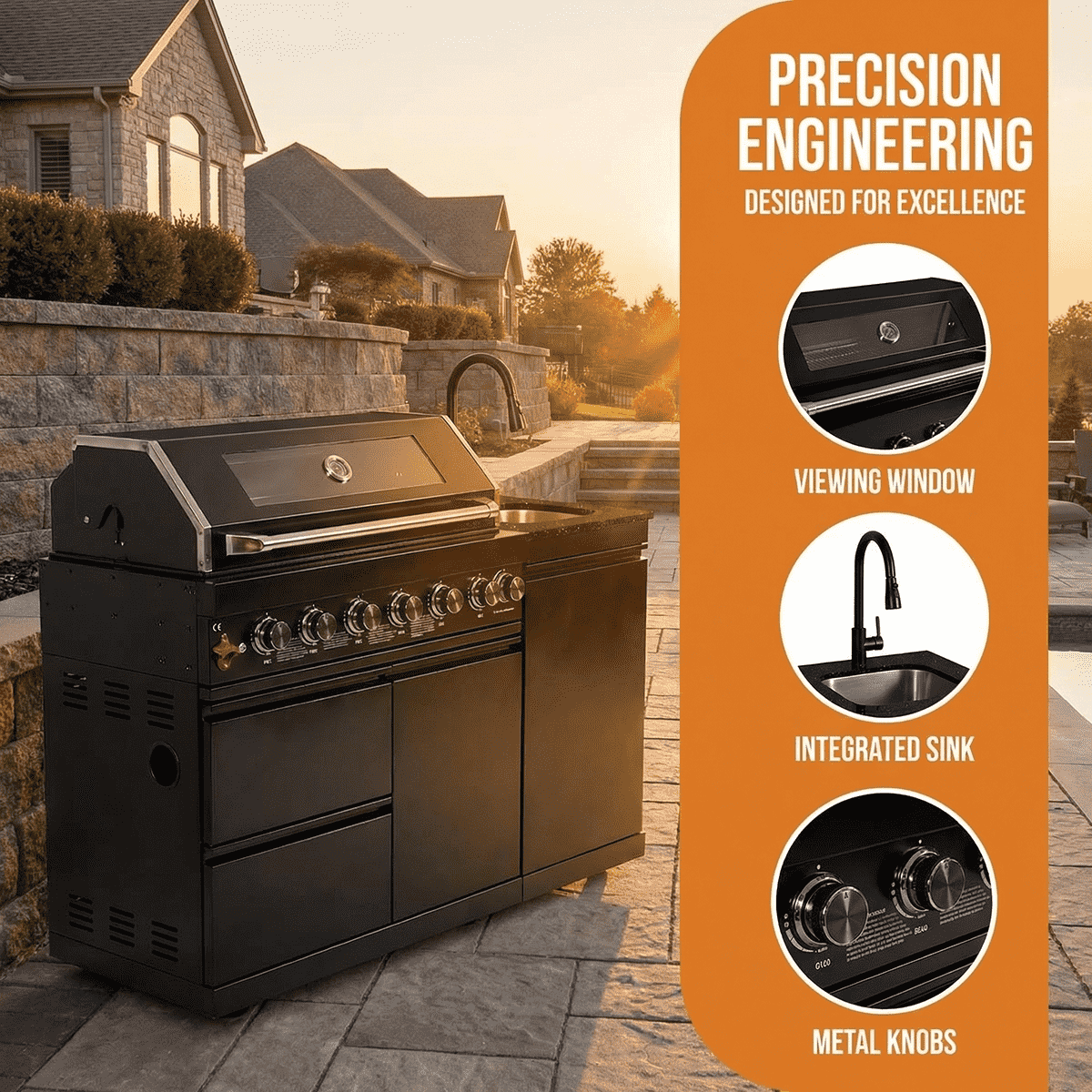 63" 6-Burner 85000 BTU Black Outdoor Kitchen Island Grill + Marble Countertops + Sink