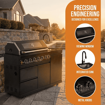 63" 6-Burner 85000 BTU Black Outdoor Kitchen Island Grill + Marble Countertops + Sink