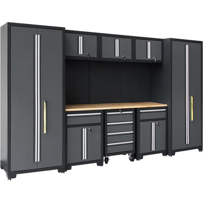 Garage Storage Cabinet System 9-Pcs Workshop Set Garage Cabinets and Storage System with Steel Cabinet Drawers, Rolling Chest, Workbench, Pegboard for Garage Tool Organization, Black
