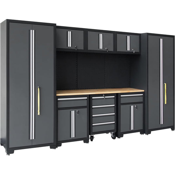 Garage Storage Cabinet System 9-Pcs Workshop Set Garage Cabinets and Storage System with Steel Cabinet Drawers, Rolling Chest, Workbench, Pegboard for Garage Tool Organization, Black