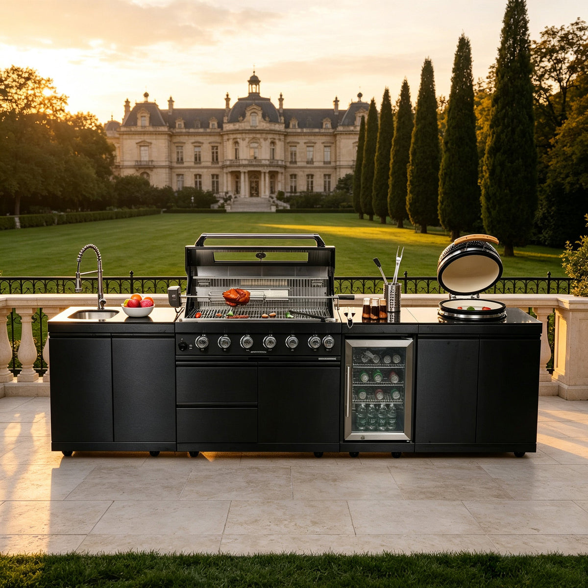 Black 128-Inch 85000-BTU Stainless Steel Gas Outdoor Kitchen Bar Barbecue Island Grill with Kamado grill ,Wine Cooler Compact Refrigerator Rotisserie Granite Countertops Storage Cabinets & Drawers