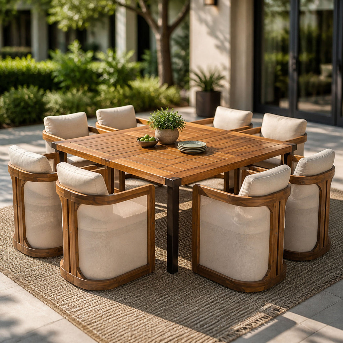 9-Piece Outdoor Patio Dining Set, 64" Square Acacia Wood Table with 8 Armchairs, Teak