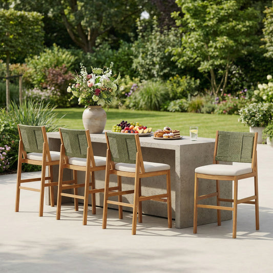 Outdoor dining setup with a table and chairs in a garden setting.