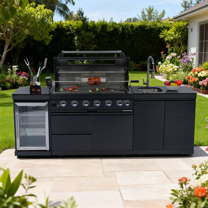 NG 95" 6-Burner 85000 BTU Black Outdoor Kitchen Island Grill Rotisserie kit Granite Countertops