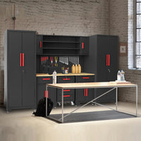 Garage Storage Cabinets System, 8-Pcs Workshop Cabinet Set in Black, Included Steel Cabinets Drawers Rolling Chest and Pegboard,Locked Garage Storage Cabinet