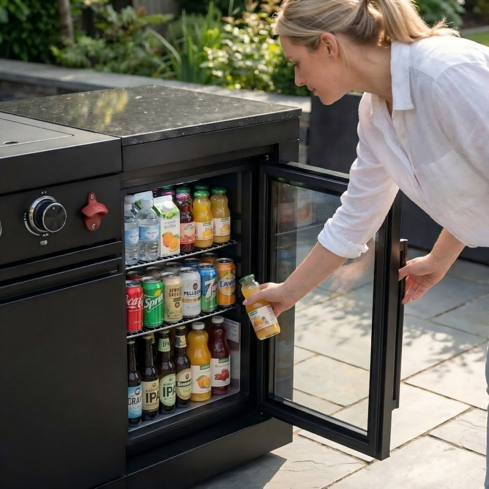 85" 4-Burner 72000 BTU Black Outdoor Kitchen Island Grill with Compact Refrigerator Marble Countertops Sink