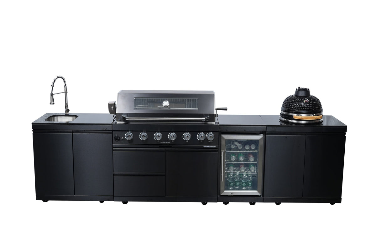 Black 128-Inch 85000-BTU Stainless Steel Gas Outdoor Kitchen Bar Barbecue Island Grill with Kamado grill ,Wine Cooler Compact Refrigerator Rotisserie Granite Countertops Storage Cabinets & Drawers