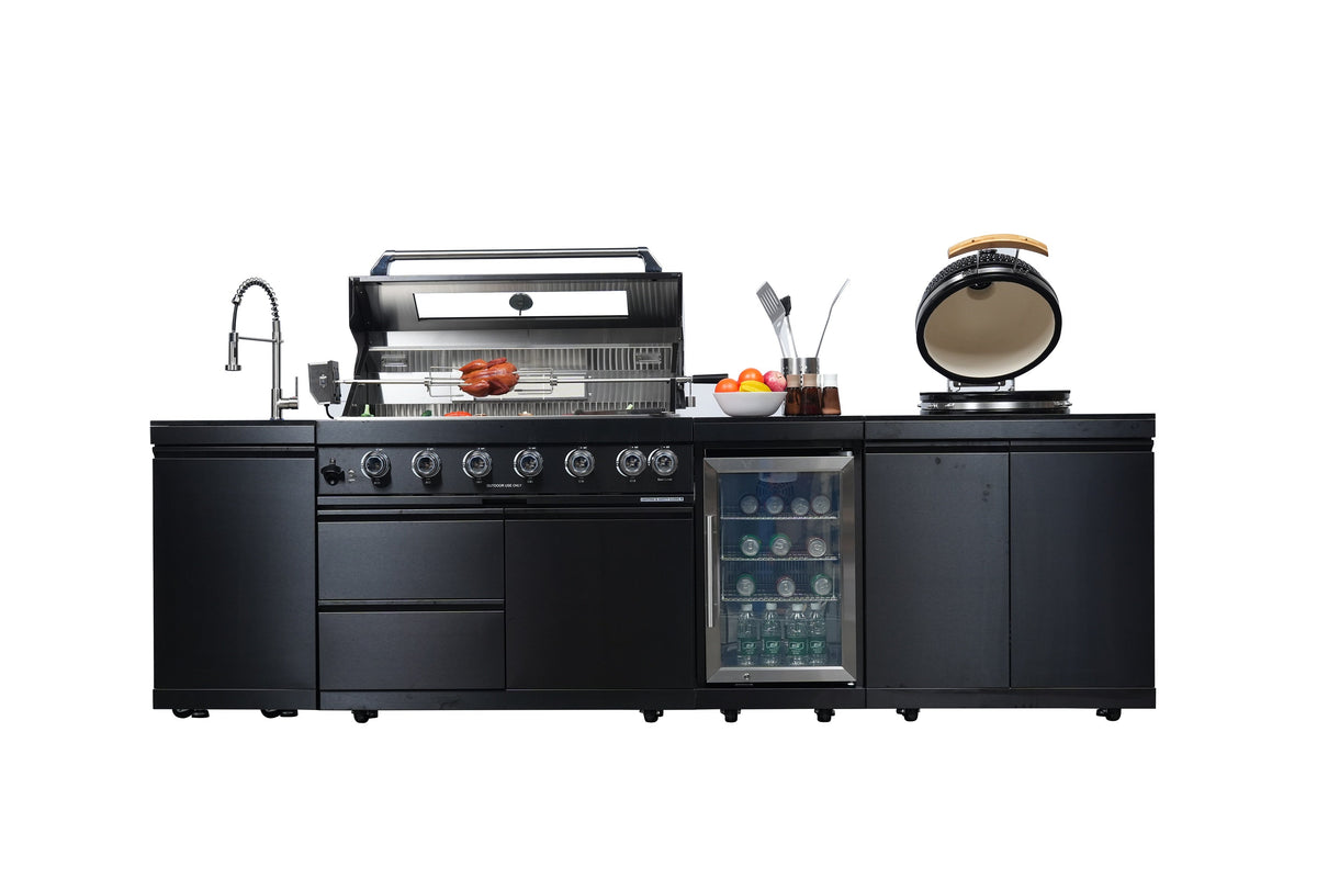 Black 115-Inch 85000-BTU Stainless Steel Gas Outdoor Kitchen Bar Barbecue Island Grill with Kamado grill ,Wine Cooler Compact Refrigerator Rotisserie Granite Countertops Storage Cabinets & Drawers
