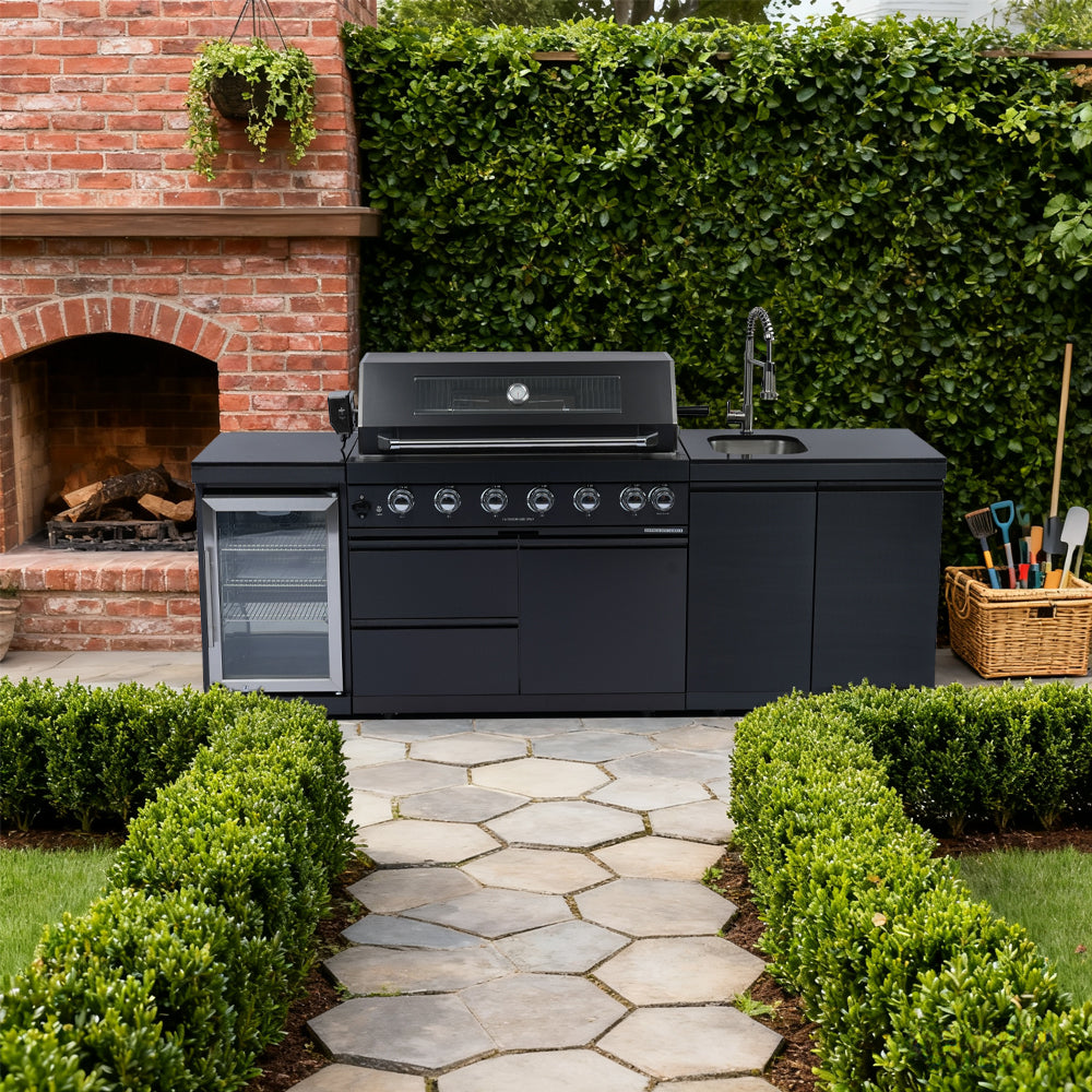 NG 95" 6-Burner 85000 BTU Black Outdoor Kitchen Island Grill Rotisserie kit Granite Countertops
