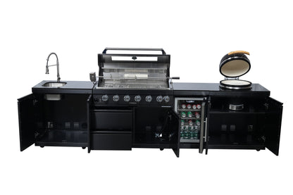 Black 128-Inch 85000-BTU Stainless Steel Gas Outdoor Kitchen Bar Barbecue Island Grill with Kamado grill ,Wine Cooler Compact Refrigerator Rotisserie Granite Countertops Storage Cabinets & Drawers