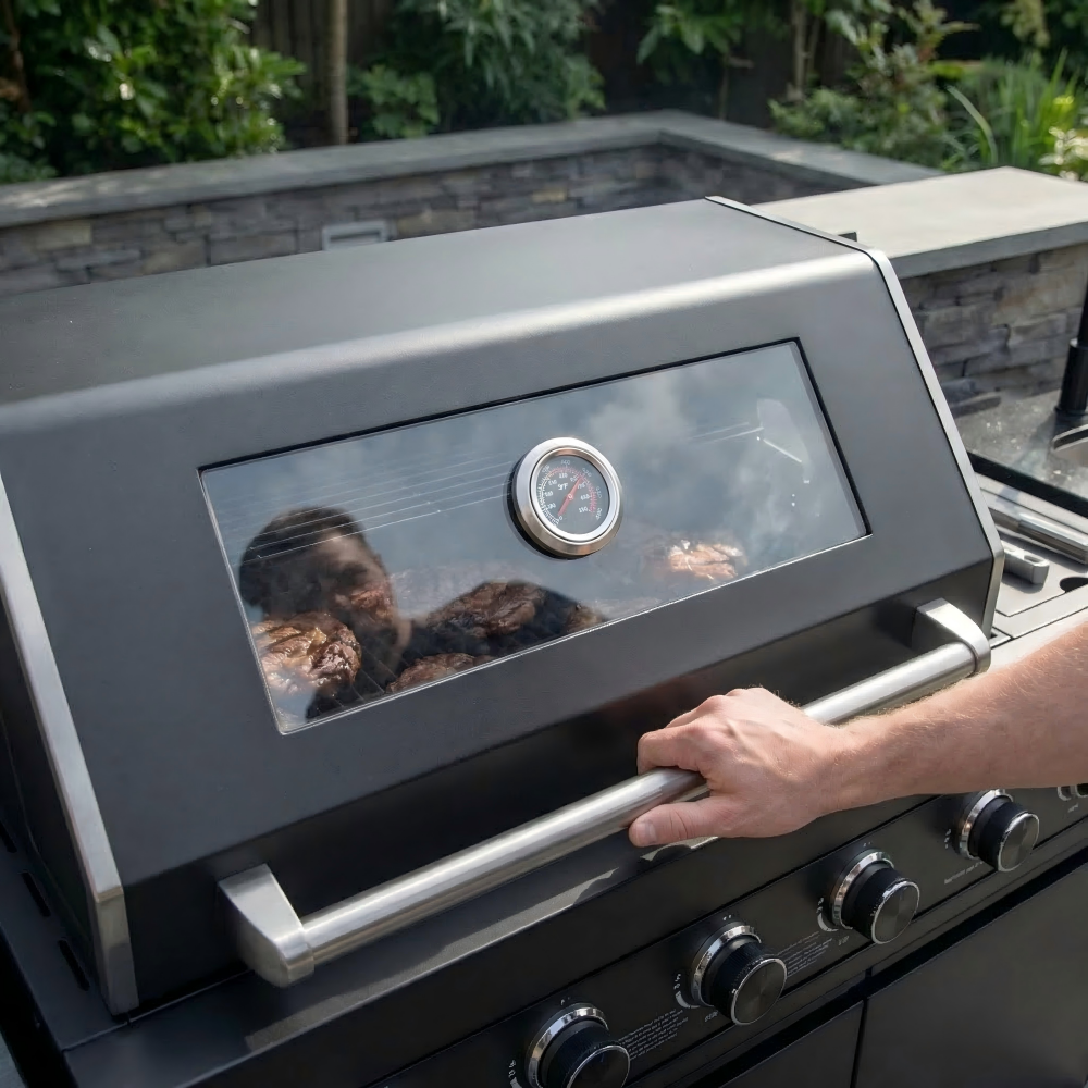 85" 4-Burner 72000 BTU Black Outdoor Kitchen Island Grill with Compact Refrigerator Marble Countertops Sink
