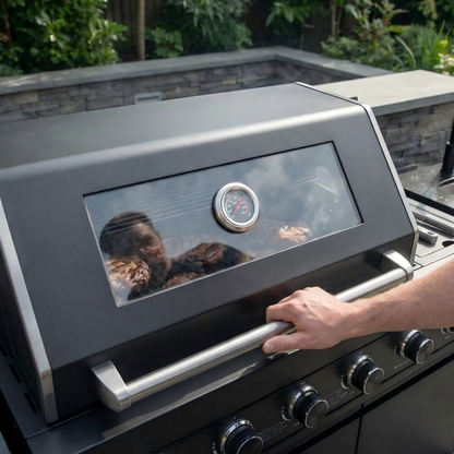 85" 4-Burner 72000 BTU Black Outdoor Kitchen Island Grill with Compact Refrigerator Marble Countertops Sink