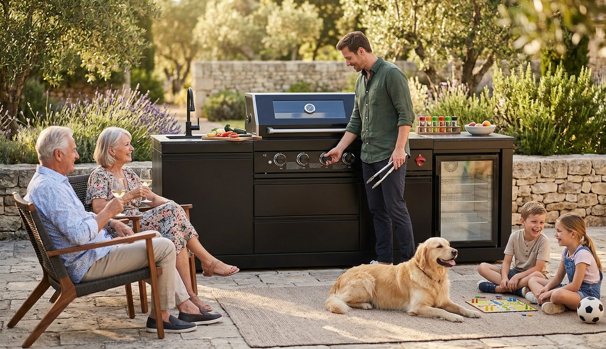 85" 4-Burner 72000 BTU Black Outdoor Kitchen Island Grill with Compact Refrigerator Marble Countertops Sink