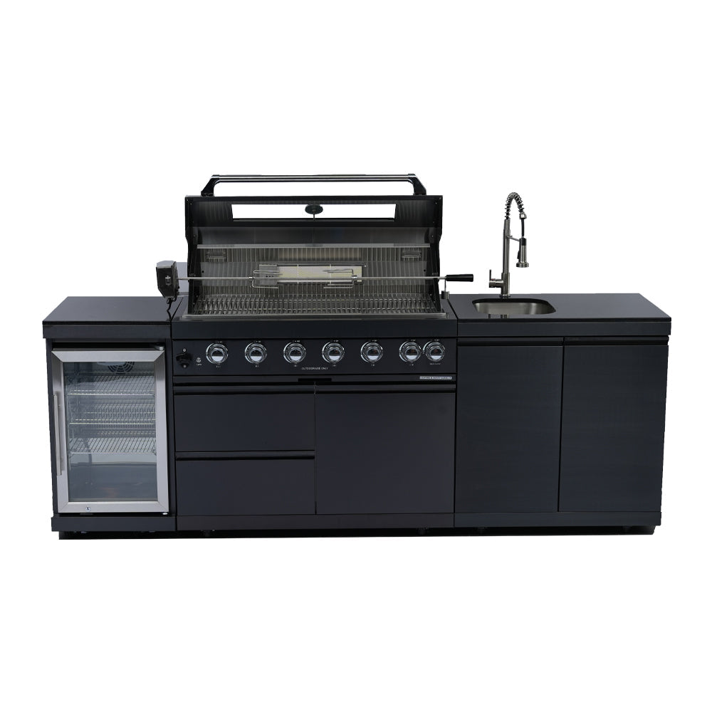NG 95" 6-Burner 85000 BTU Black Outdoor Kitchen Island Grill Rotisserie kit Granite Countertops