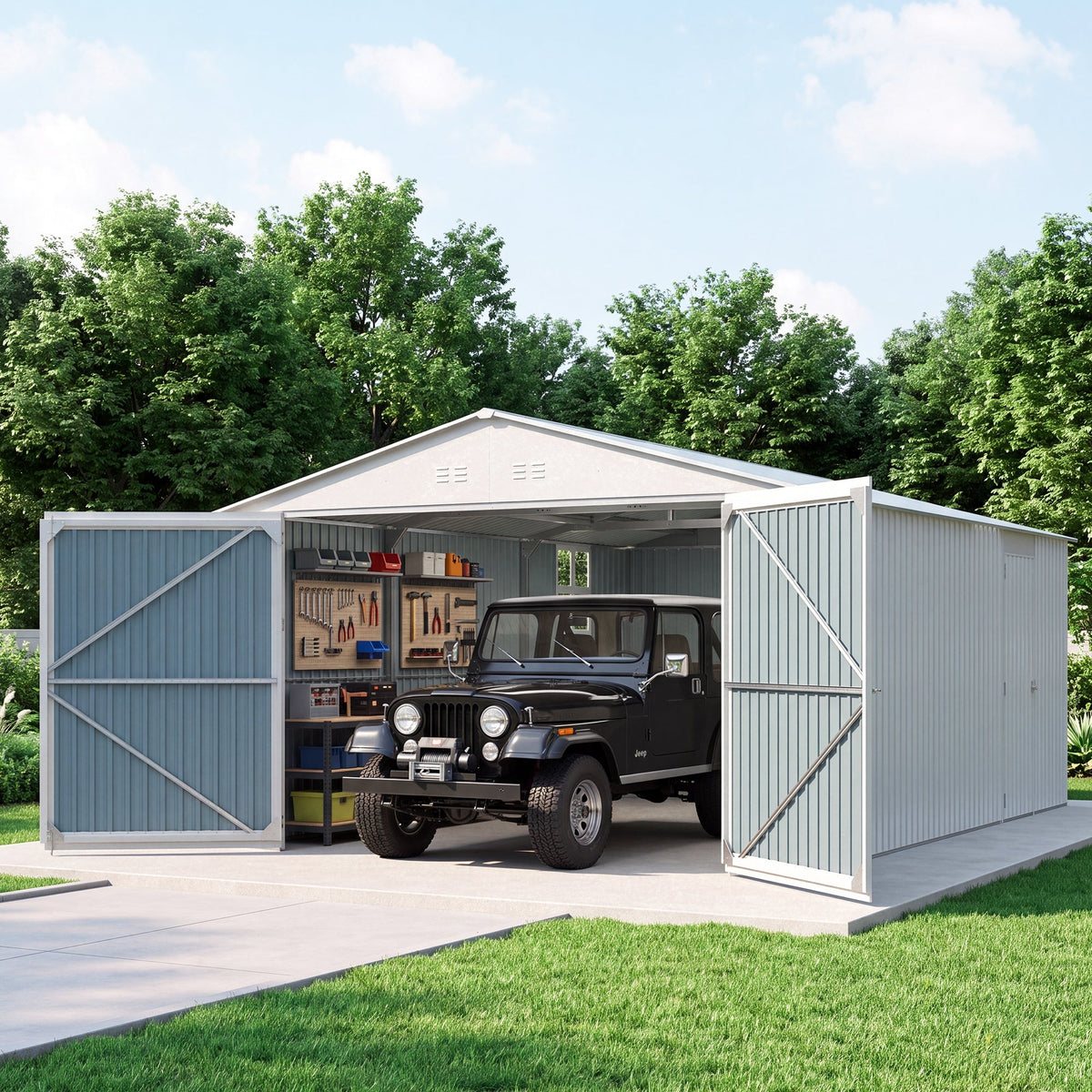 Outdoor Storage Shed 20x13 FT - Metal Garden Utility Shed with Ventilation - Silver