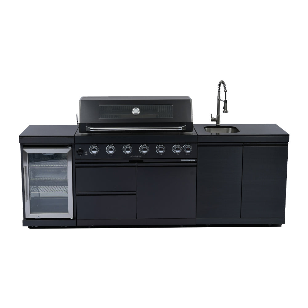 NG 95" 6-Burner 85000 BTU Black Outdoor Kitchen Island Grill Rotisserie kit Granite Countertops